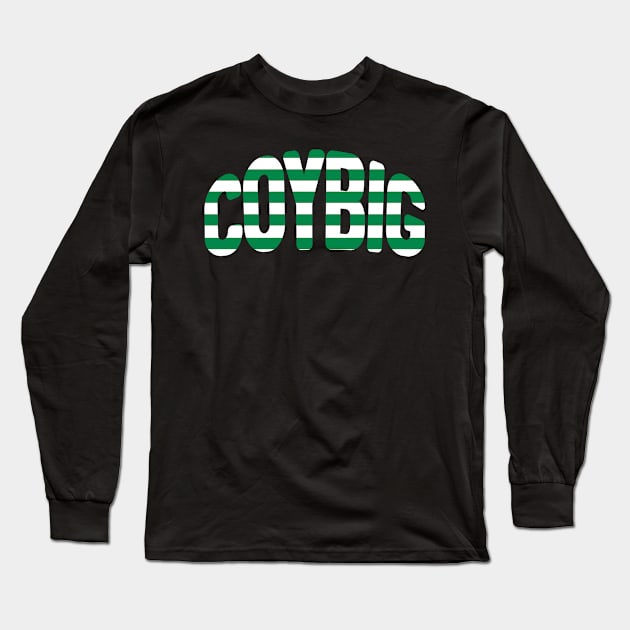 COYBIG, Glasgow Celtic Football Club Green and White Hooped Warped Text Design Long Sleeve T-Shirt by MacPean